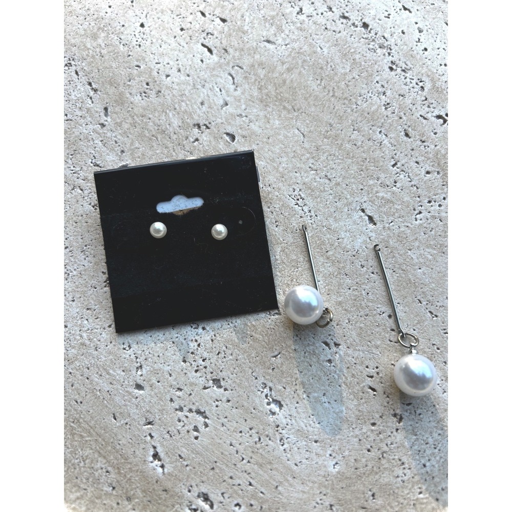 White Faux Pearl Convertible Drop Earrings Silver Tone 2-in-1 Dangle Studs 2.75"